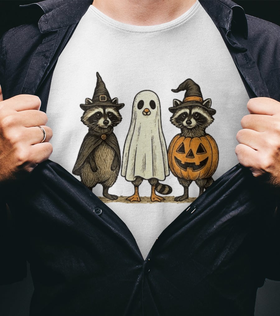 Spooky Boo Ghost Raccoon Pumpkin Raccoon Witch Hat Happy Halloween 2025 T-Shirt