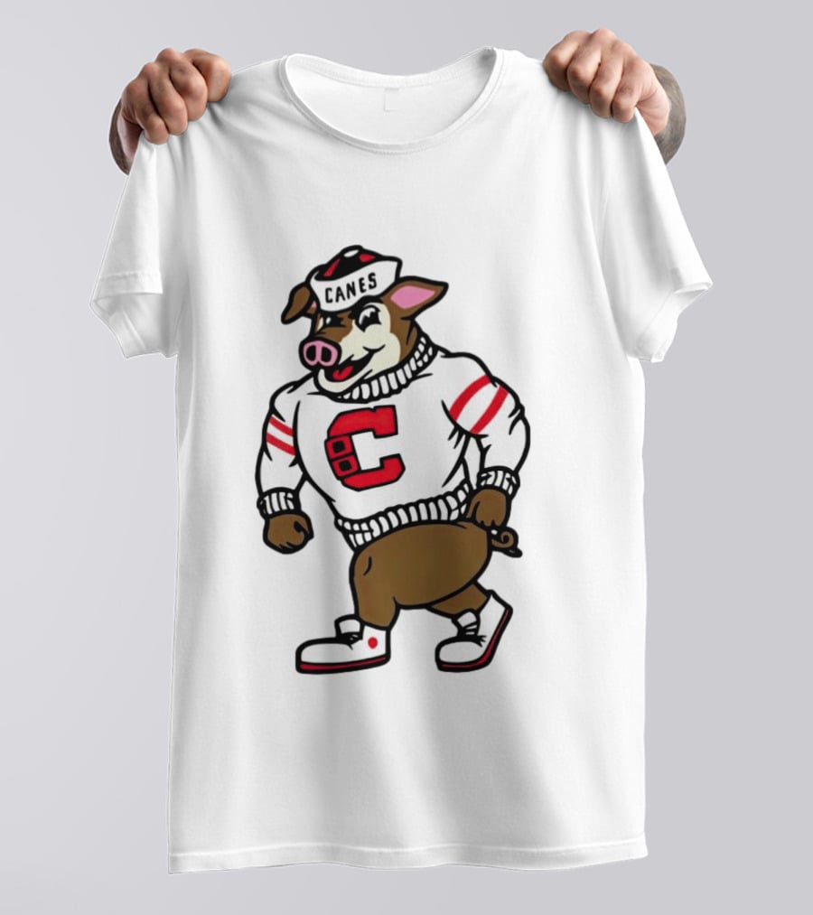 Canes Mascot Pig In Red And White Sweater With Stripes T-Shirt