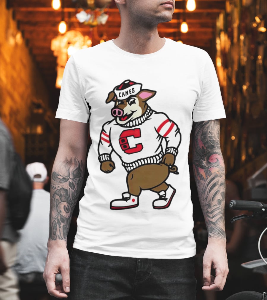 Canes Mascot Pig In Red And White Sweater With Stripes T-Shirt