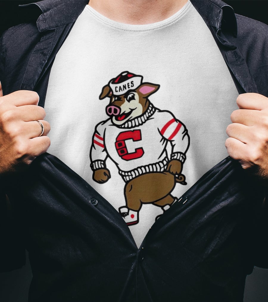 Canes Mascot Pig In Red And White Sweater With Stripes T-Shirt