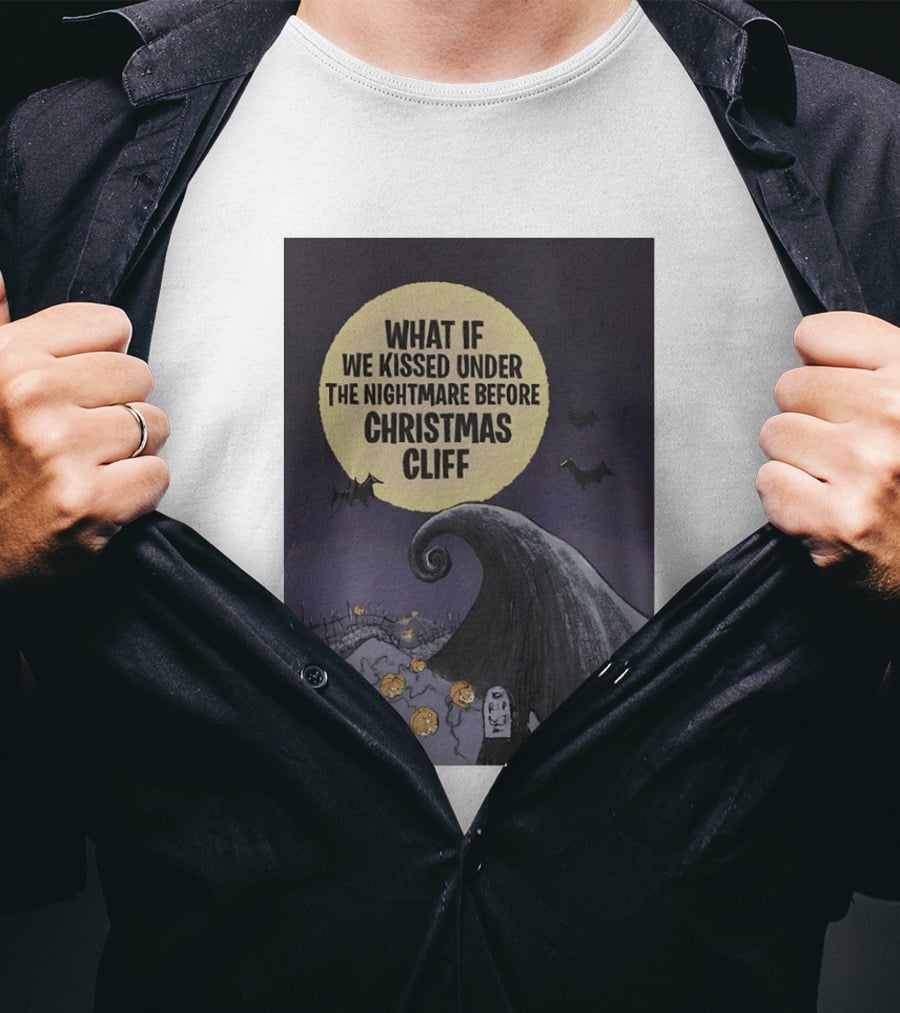 What If We Kissed Under The Nightmare Before Christmas Cliff Halloween Moon Bats Pumpkins Graveyard Scene T-Shirt