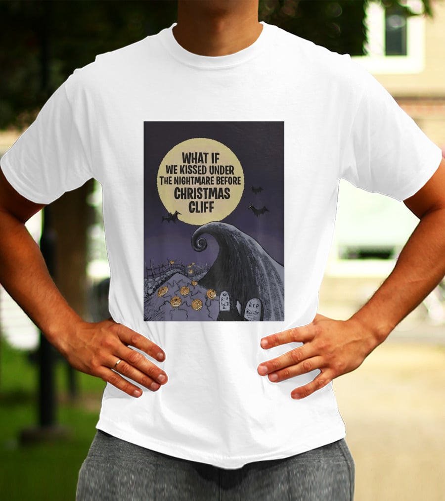 What If We Kissed Under The Nightmare Before Christmas Cliff Halloween Moon Bats Pumpkins Graveyard Scene T-Shirt