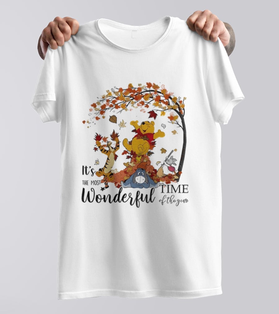 Winnie The Pooh It's The Most Wonderful Time Of The Year Happy Fall Autumn Leaves T-Shirt