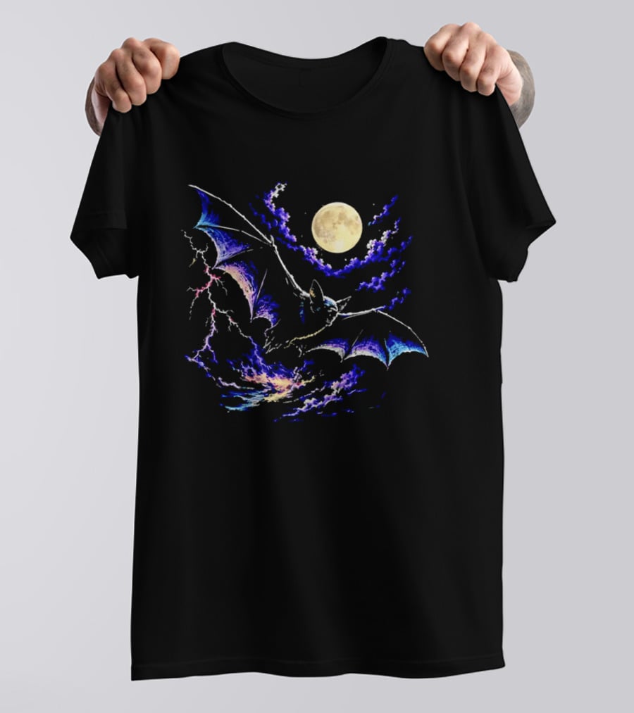 Bat Flying In Stormy Night With Full Moon Lightning And Clouds T-Shirt