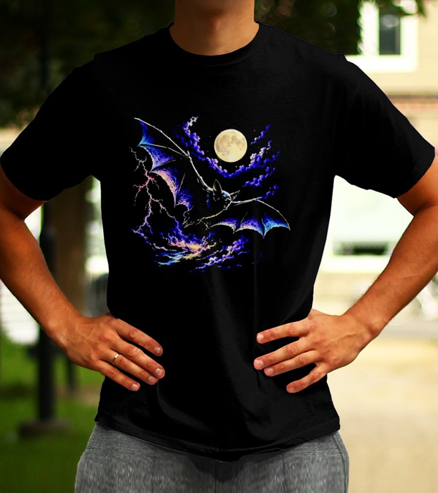 Bat Flying In Stormy Night With Full Moon Lightning And Clouds T-Shirt
