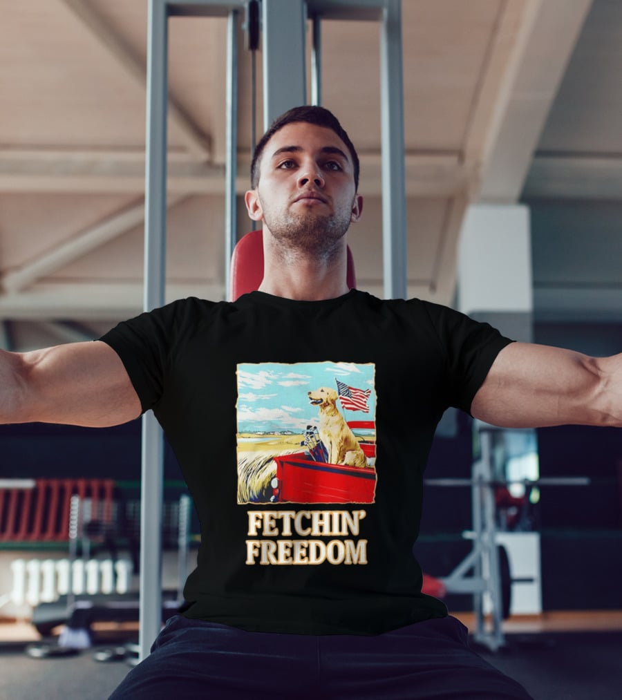 Fetching Freedom Dog And American Flag Scene T-Shirt