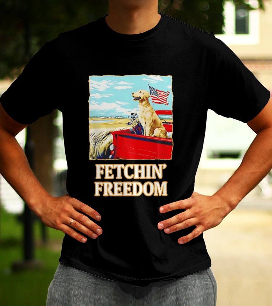 Fetching Freedom Dog And American Flag Scene T-Shirt