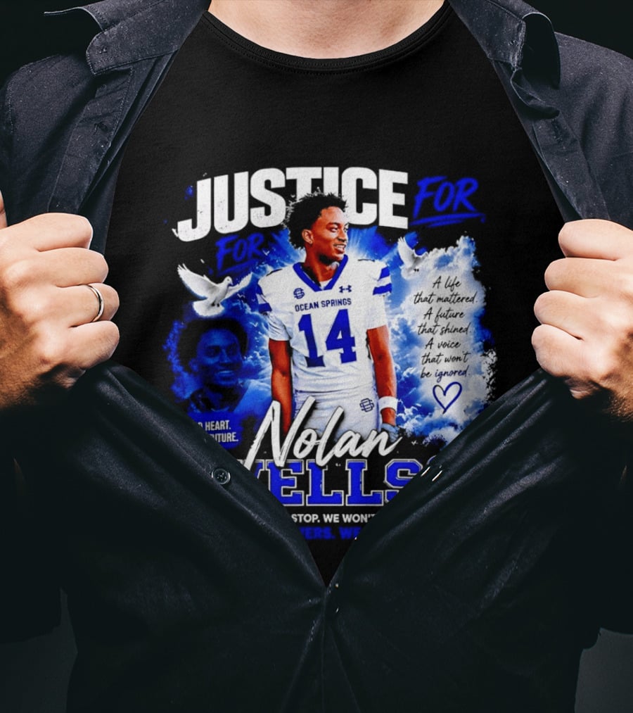 Justice For Nolan Wells Ocean Springs Football Number 14 Ignored Heart We Won't Stop Silent T-Shirt