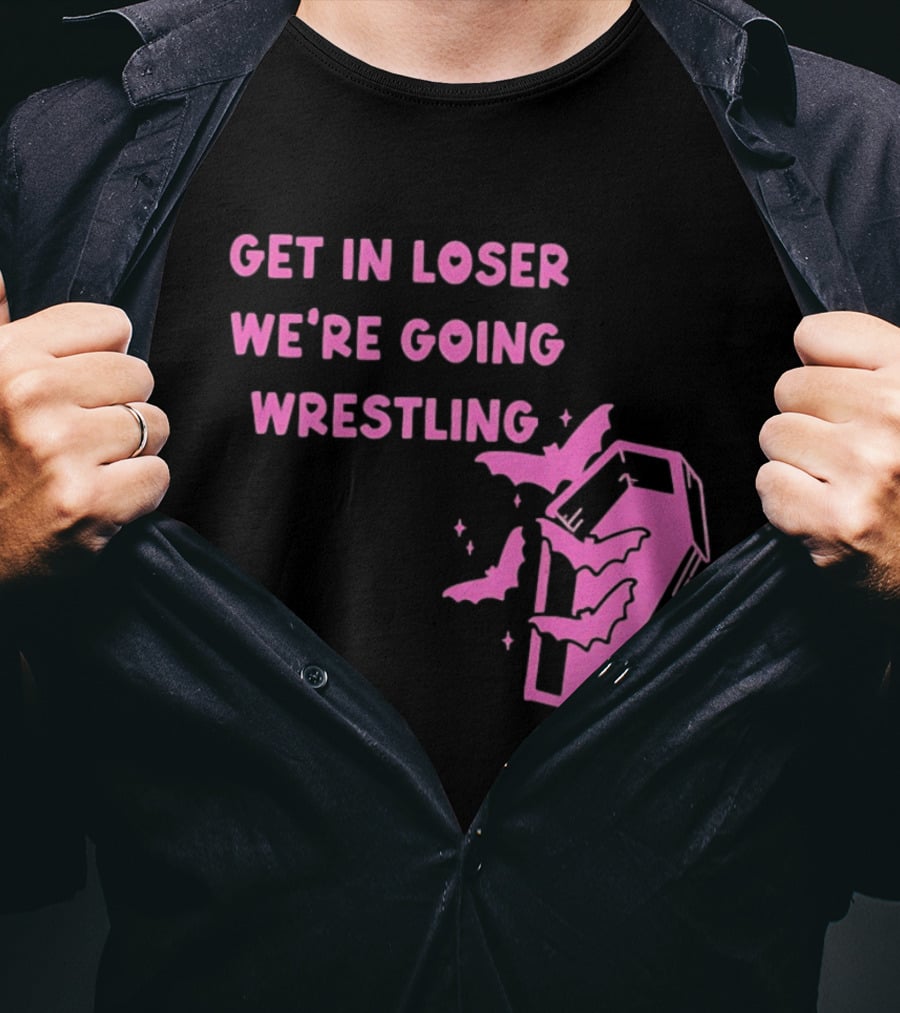 Get In Loser We're Going Wrestling Coffin With Bats And Stars T-Shirt
