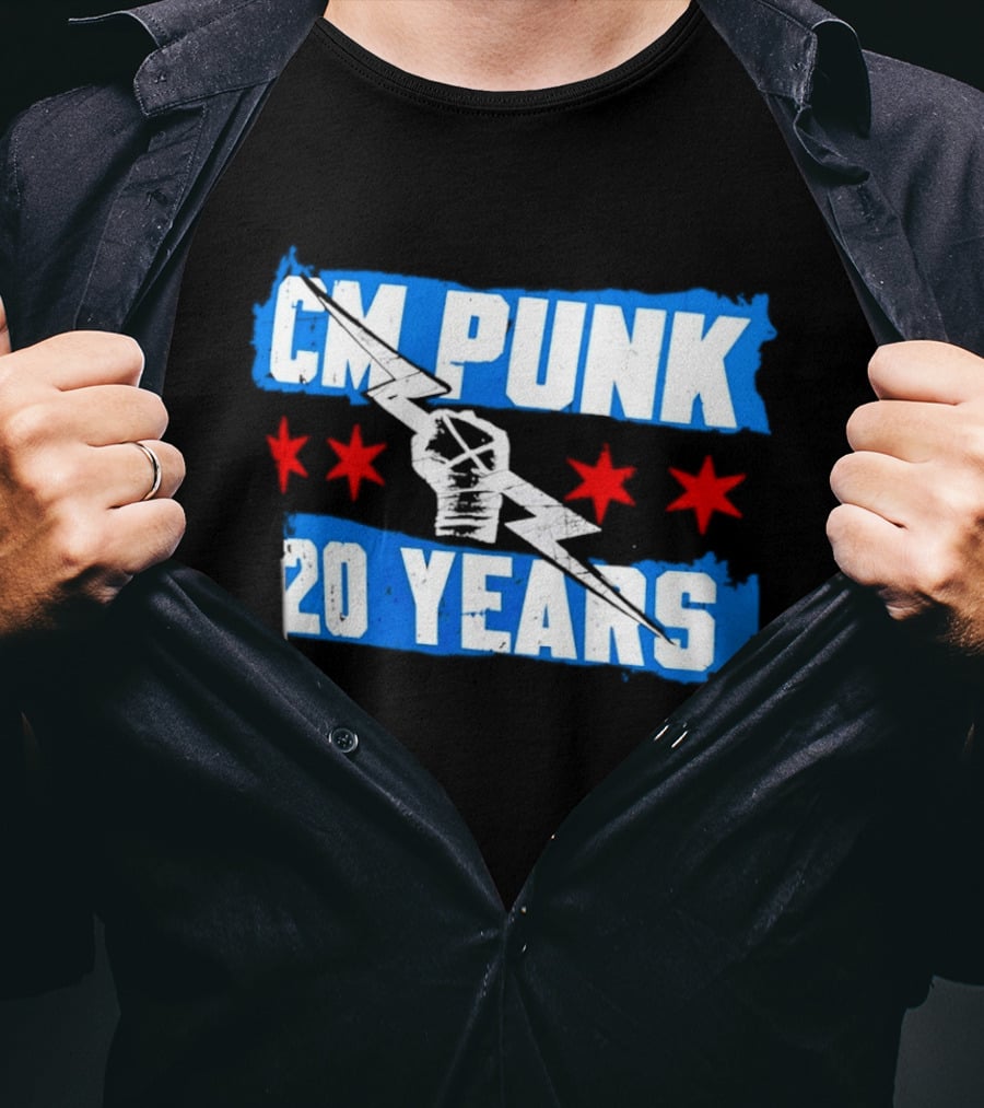CM Punk 20 Years WWE Flag With Stars And Lightning Fist T-Shirt