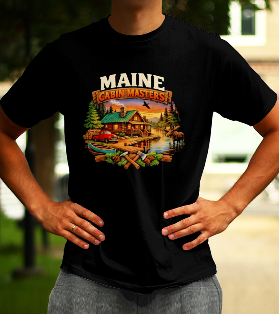Maine Cabin Masters Rustic Wilderness Scene With Moose And Red Truck T-Shirt