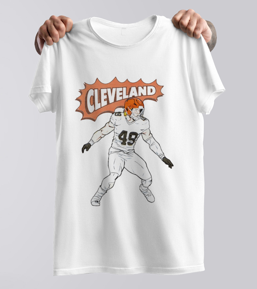 Cleveland Football Comic Style 2026 Player 49 Iconic Helmet T-Shirt