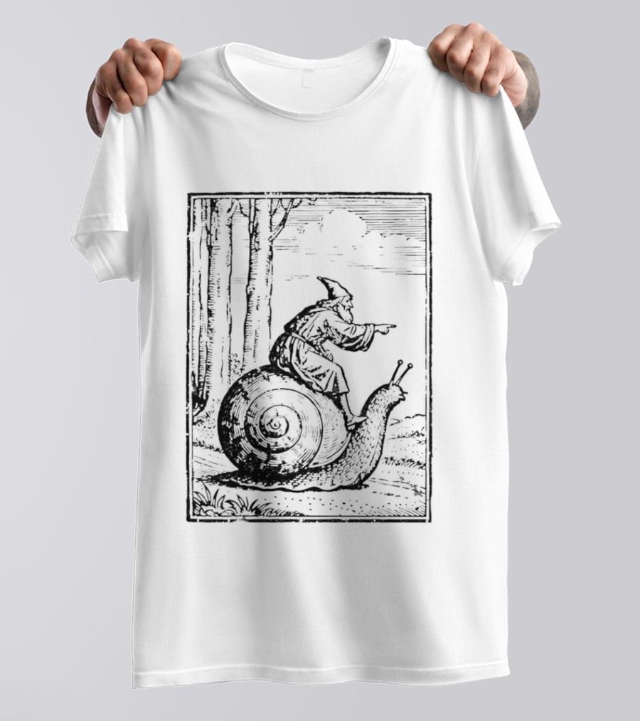 Medieval Snail Rider Wizard Woodcut Fantasy Enchantment T-Shirt