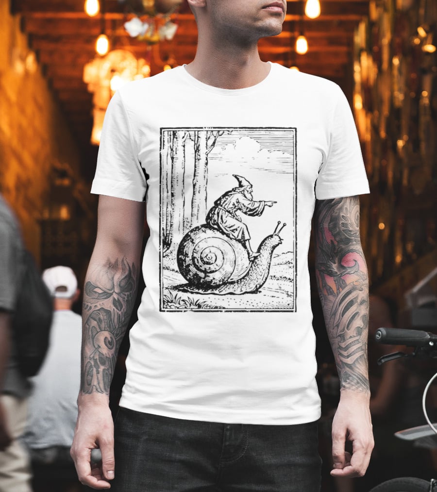 Medieval Snail Rider Wizard Woodcut Fantasy Enchantment T-Shirt