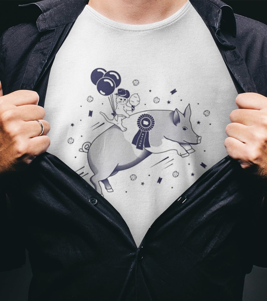 Gary The Cat Riding A Blue Ribbon Pig With Balloons At State Fair T-Shirt