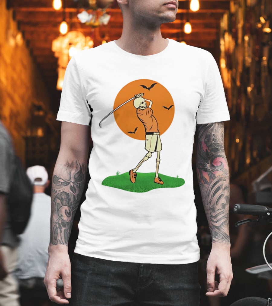 Skeleton Golfer At Sunset With Flying Bats T-Shirt