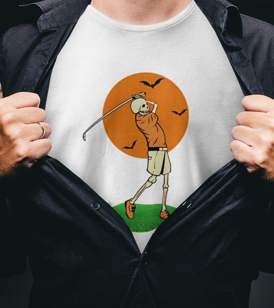 Skeleton Golfer At Sunset With Flying Bats T-Shirt