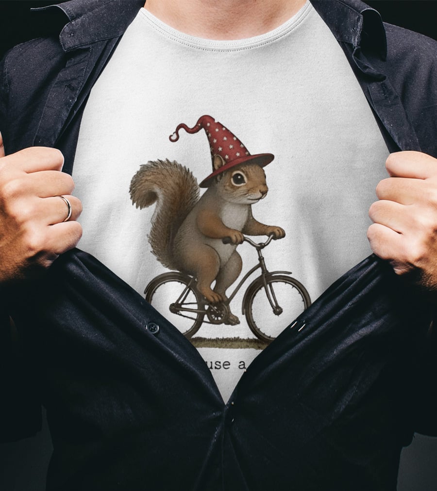 Squirrel In Wizard Hat Riding Bicycle Off To Cause A Kerfuffle T-Shirt