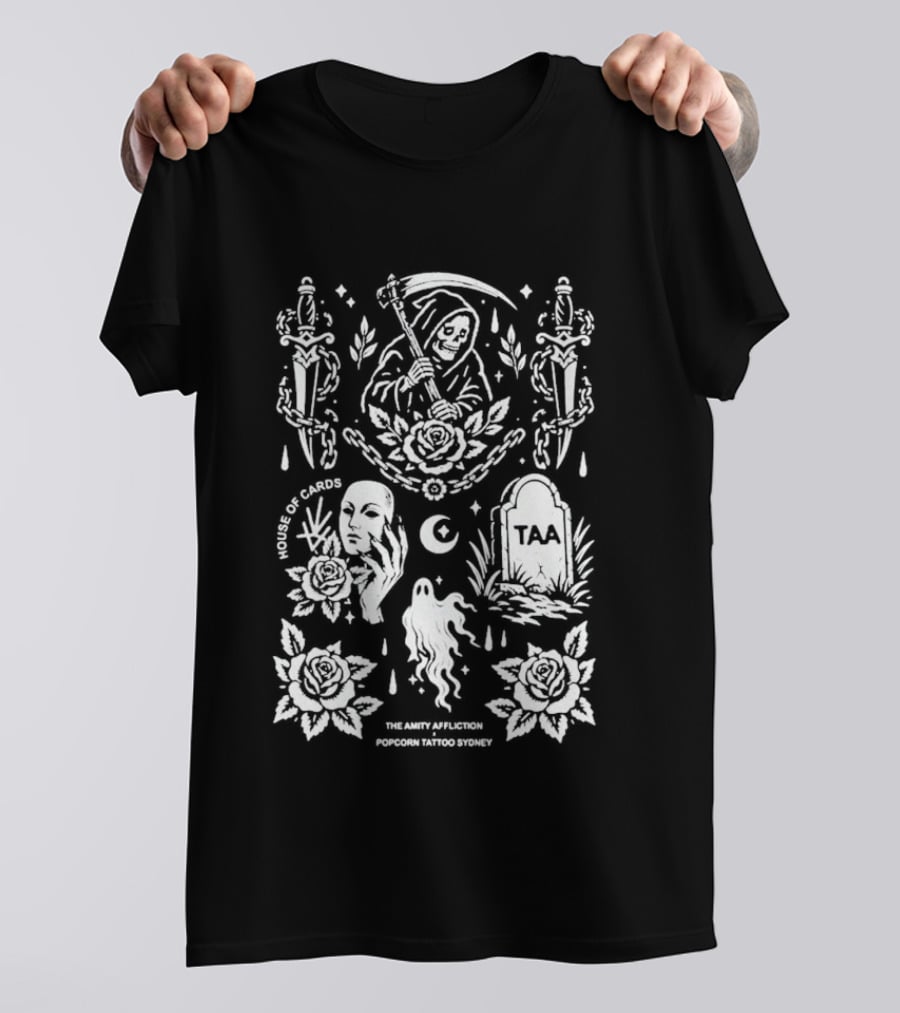 The Amity Affliction X Popcorn Tattoo Sydney Grim Reaper Floral Cemetery TAA T-Shirt