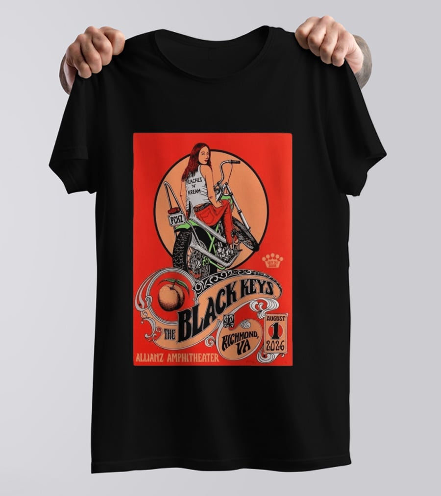 The Black Keys Allianz Amphitheater Richmond VA August 1 2026 Peaches N Kream Motorcycle T-Shirt
