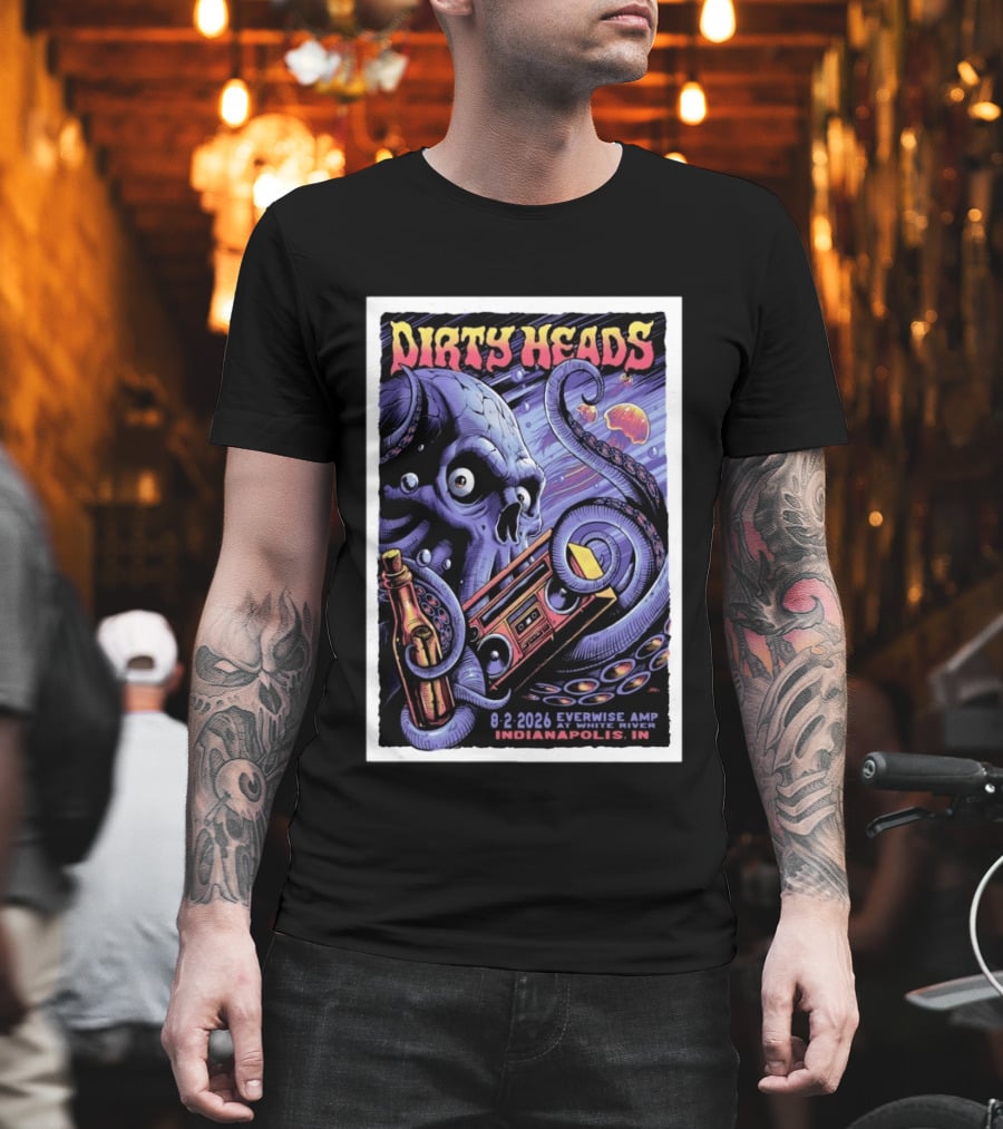 Dirty Heads Everwise Amp At White River 8.2.2026 Indianapolis IN Octopus Skull Alien Boombox T-Shirt