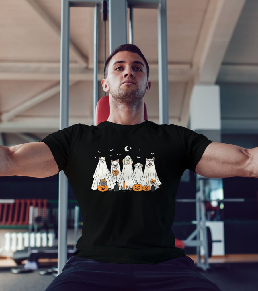 Halloween Ghost Dog Pack With Pumpkins And Moonlit Night T-Shirt