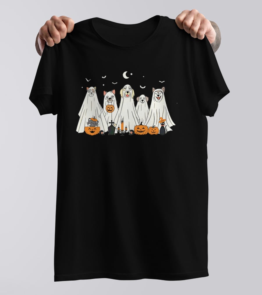 Halloween Ghost Dog Pack With Pumpkins And Moonlit Night T-Shirt