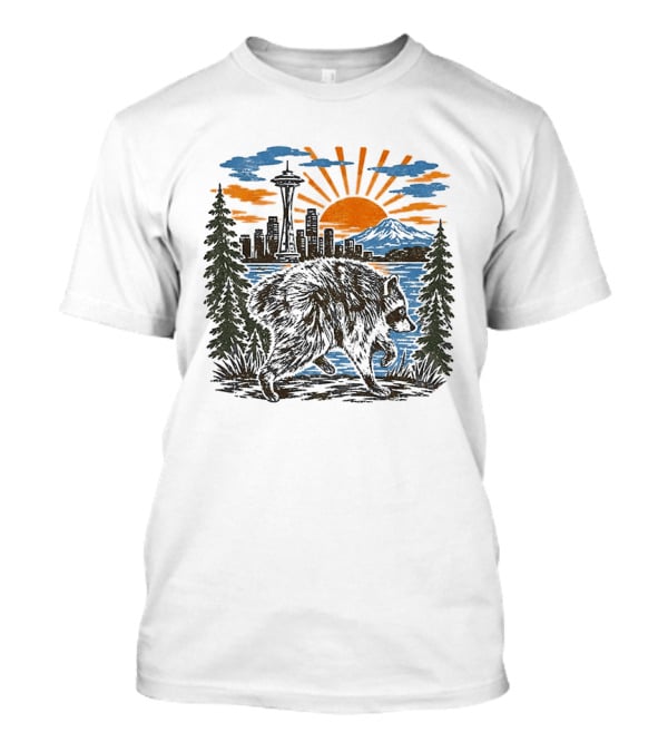 Raccoon Jimothy Seattle Skyline Sunset With Space Needle T-Shirt