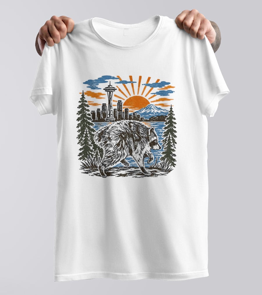 Raccoon Jimothy Seattle Skyline Sunset With Space Needle T-Shirt