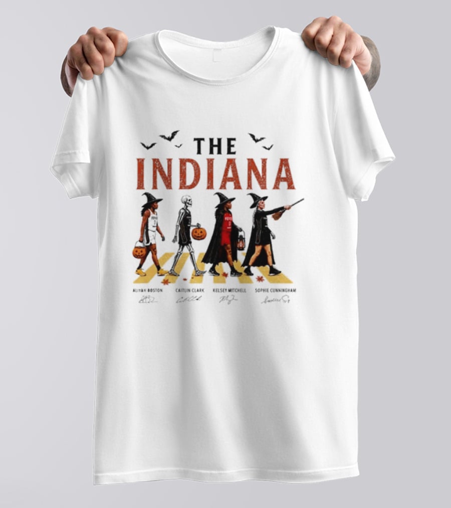 The Indiana Fever WNBA Aliyah Boston Caitlin Clark Kelsey Mitchell Sophie Cunningham Halloween Crosswalk Skeleton Witches Pumpkin T-Shirt