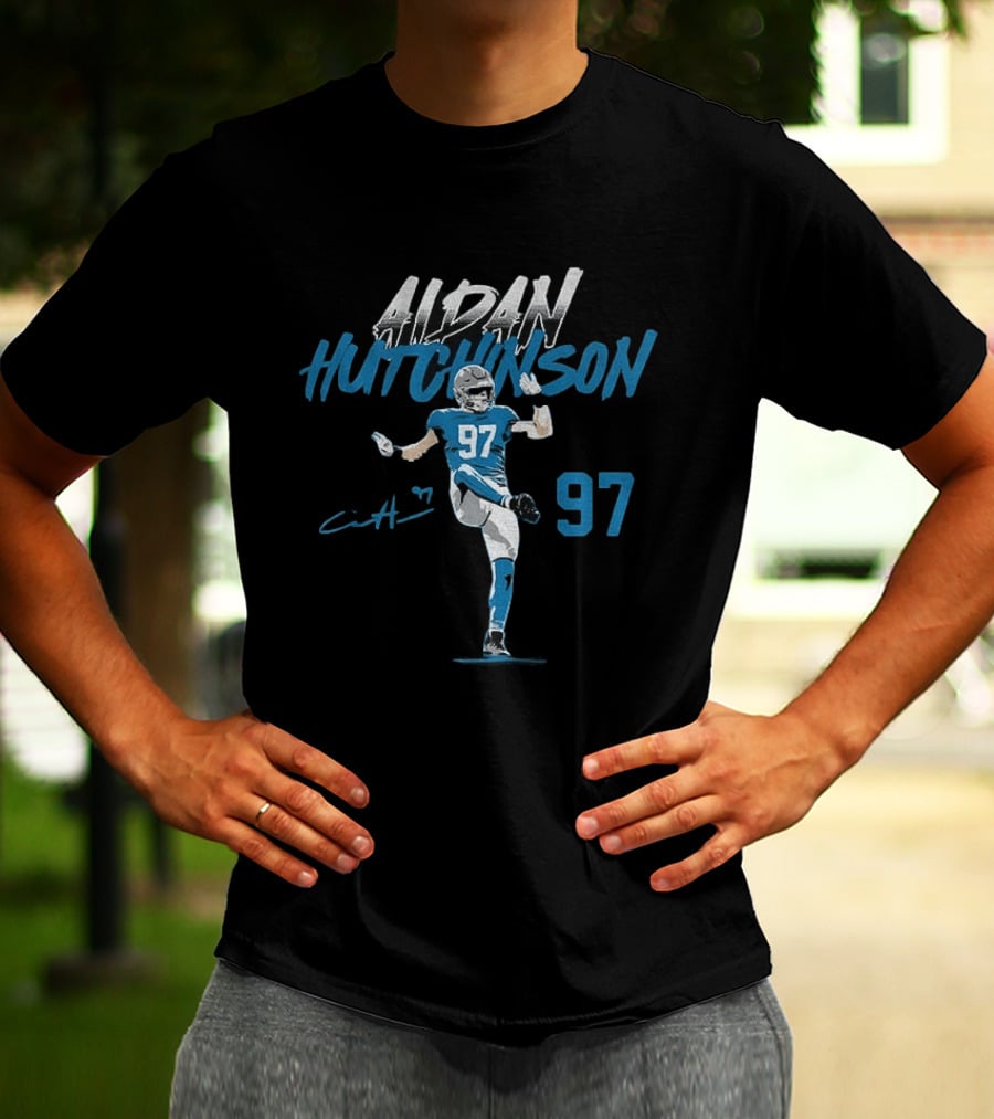 Aidan Hutchinson 97 Detroit Lions Football Player Signature NFL T-Shirt