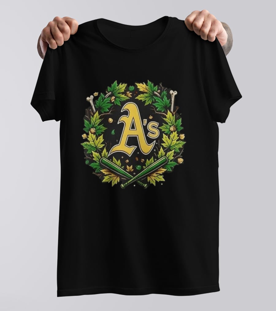 A's Halloween Maple Leaves Skull Crossed Bats Baseballs T-Shirt