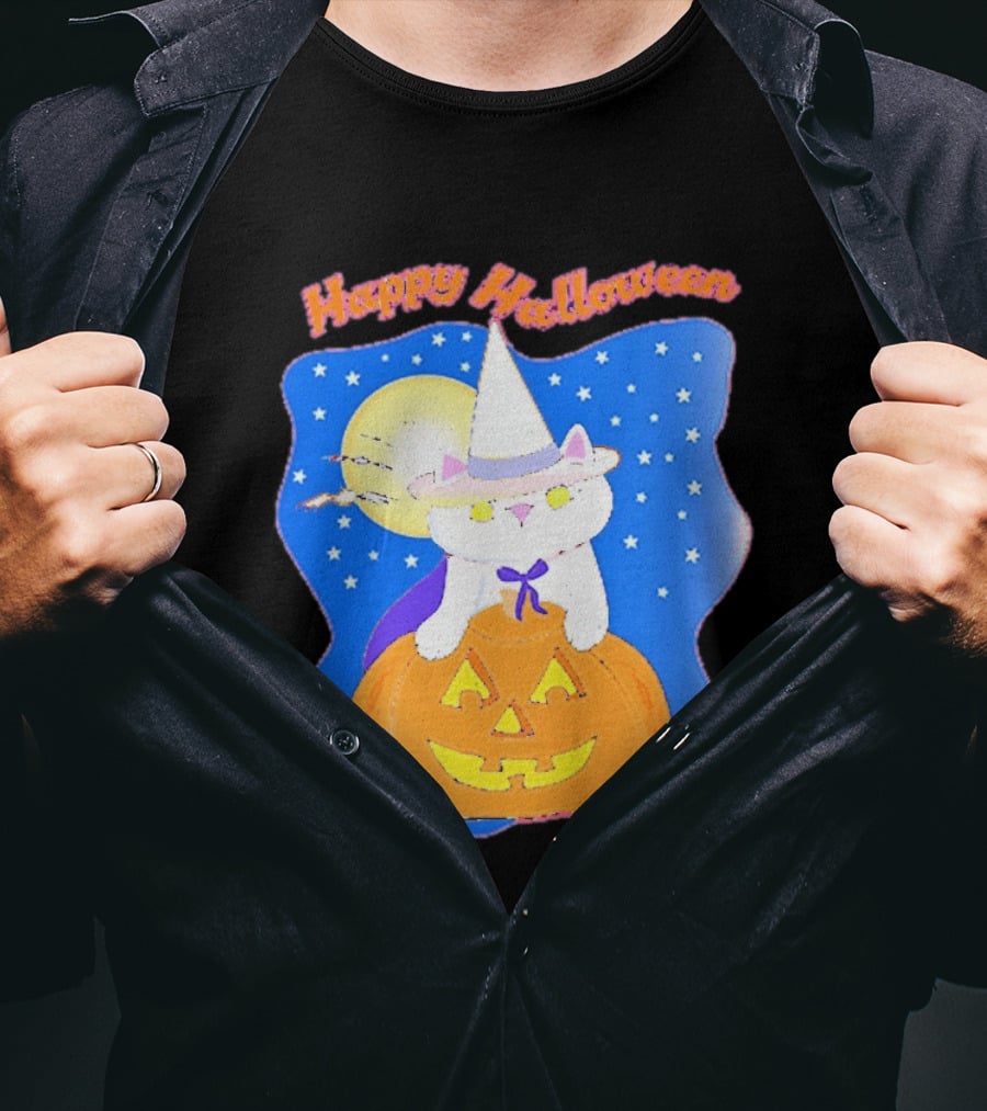 Happy Halloween Cat Witch On Pumpkin With Full Moon And Stars T-Shirt