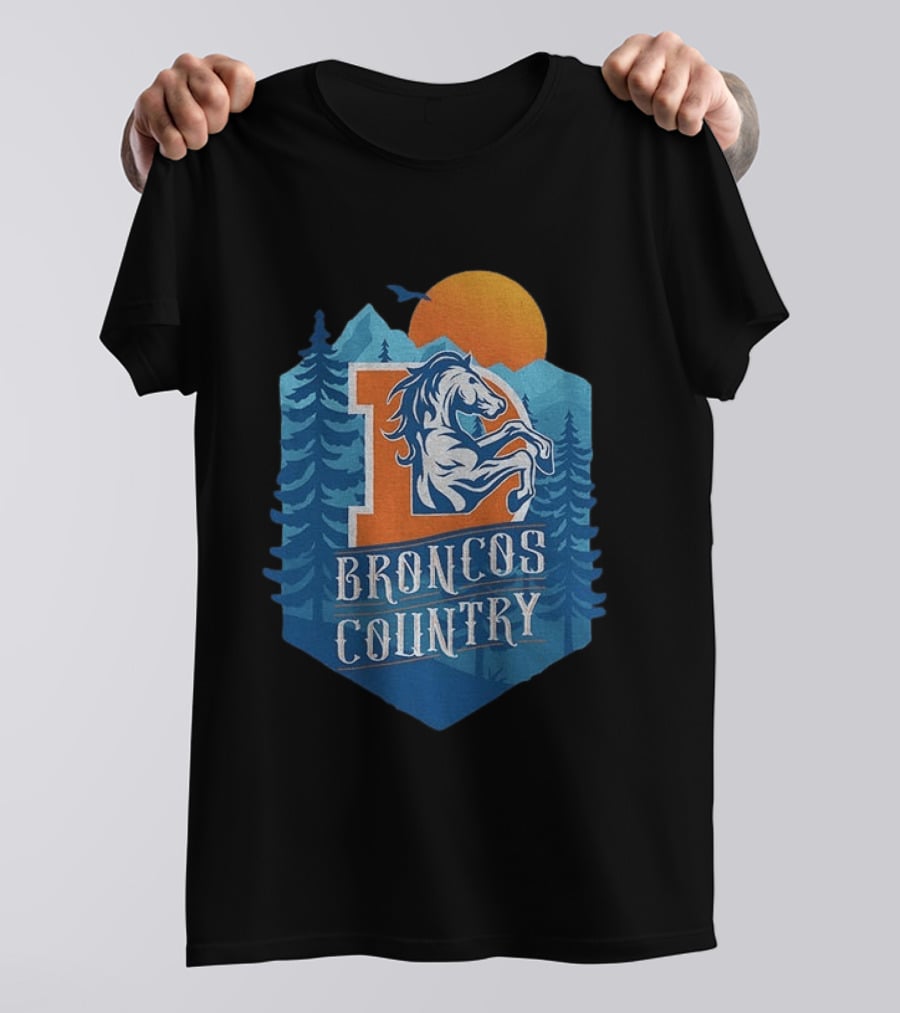 Denver Broncos Country Logo Football Mountain Sunset T-Shirt