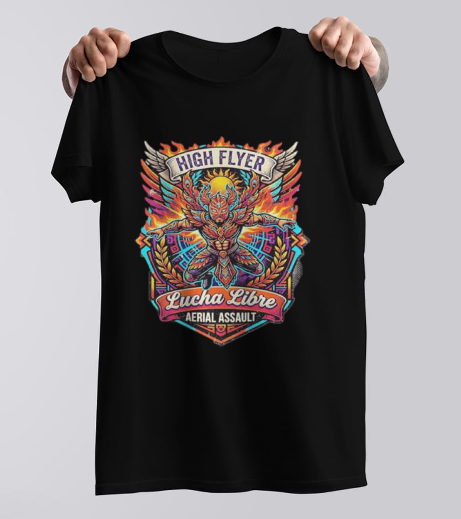 High Flyer Lucha Libre Aerial Assault Winged Masked Wrestler Sun Flames T-Shirt