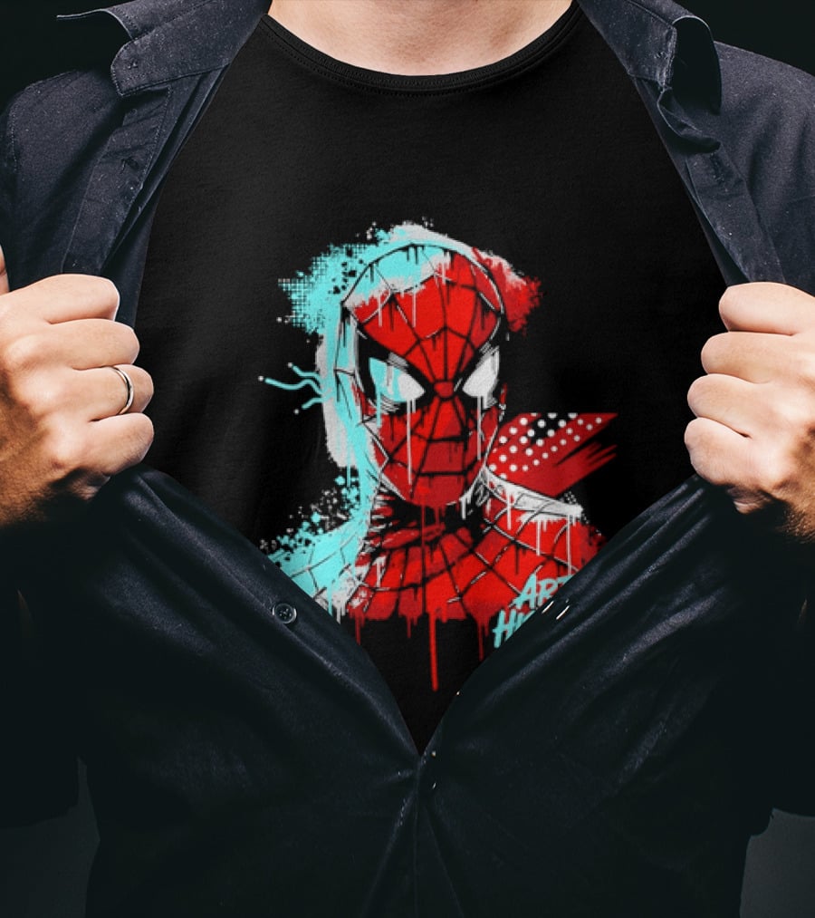 Spider Man Mask Dripping Paint Graffiti Art History Halftone Splatter T-Shirt
