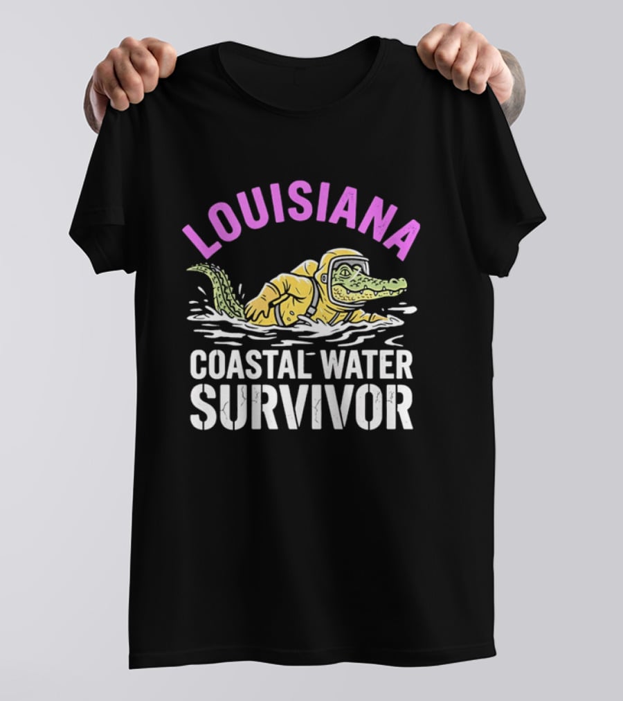 Louisiana Coastal Water Survivor Cartoon Alligator Yellow Hazmat Suit T-Shirt