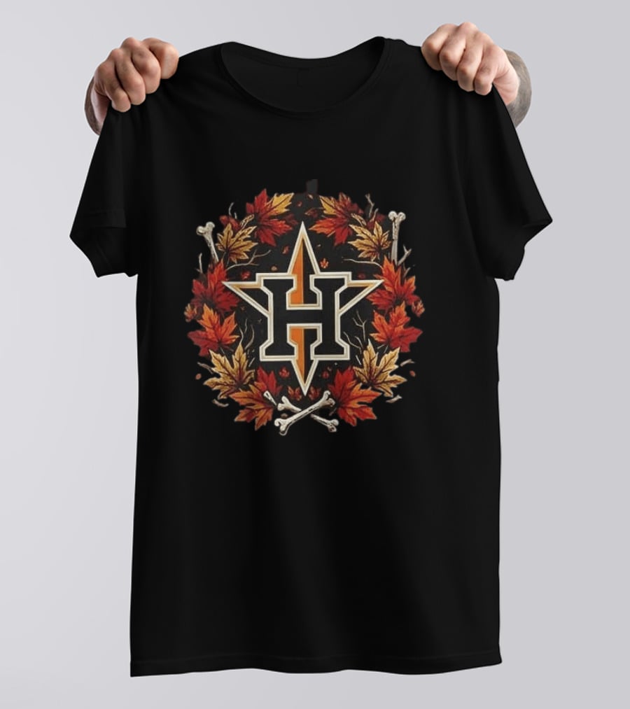 Houston Astros Halloween Maple Leaves Skull Crossed Bats Baseballs T-Shirt