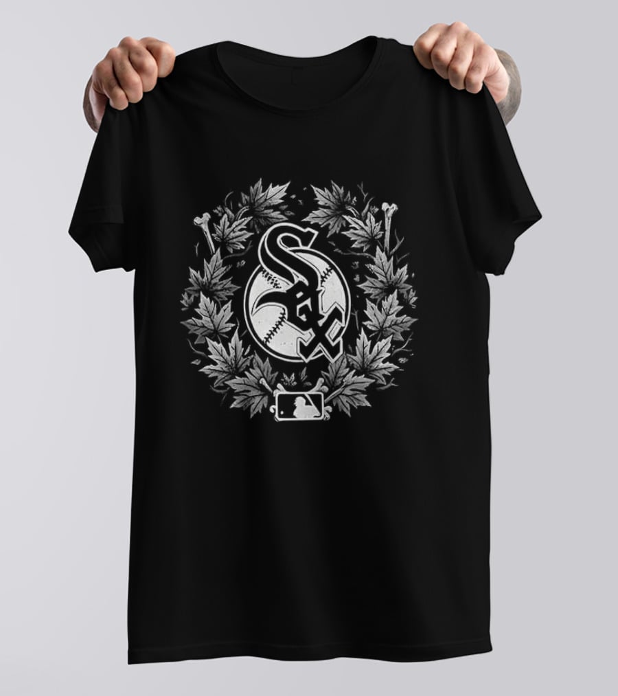 Chicago White Sox Skull Crossed Bats Maple Leaves Baseball Halloween T-Shirt