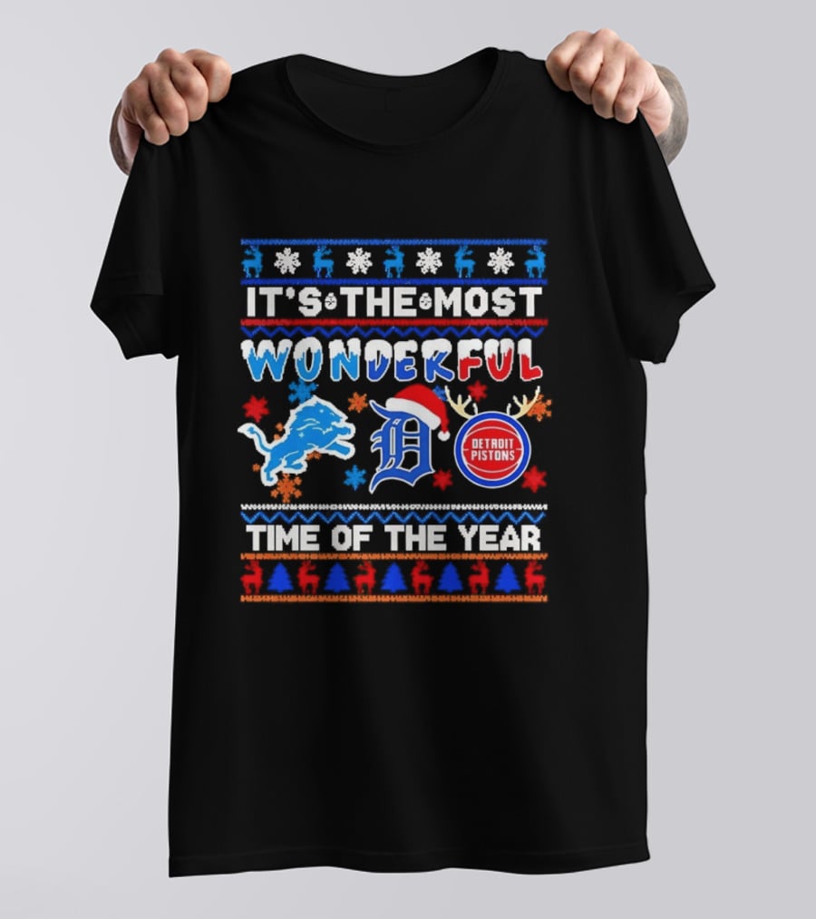 Detroit Lions And Pistons Christmas 2026 It's The Most Wonderful Time Of The Year T-Shirt