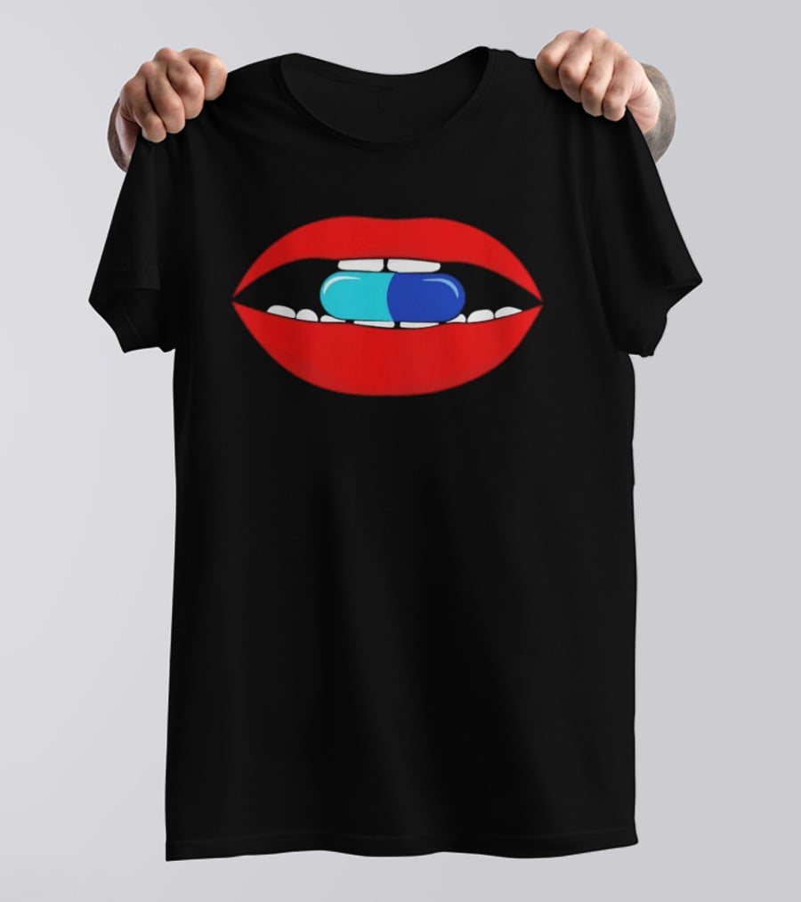 Red Lips Blue And Cyan Pill Bite T-Shirt