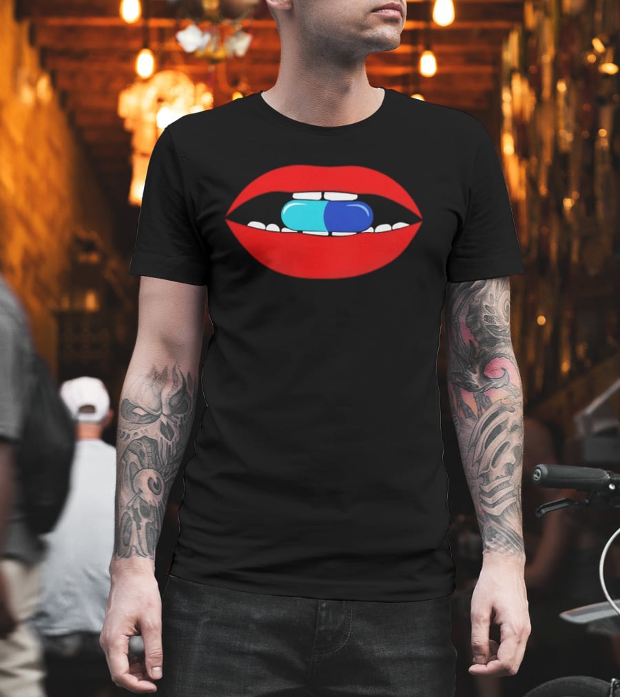 Red Lips Blue And Cyan Pill Bite T-Shirt