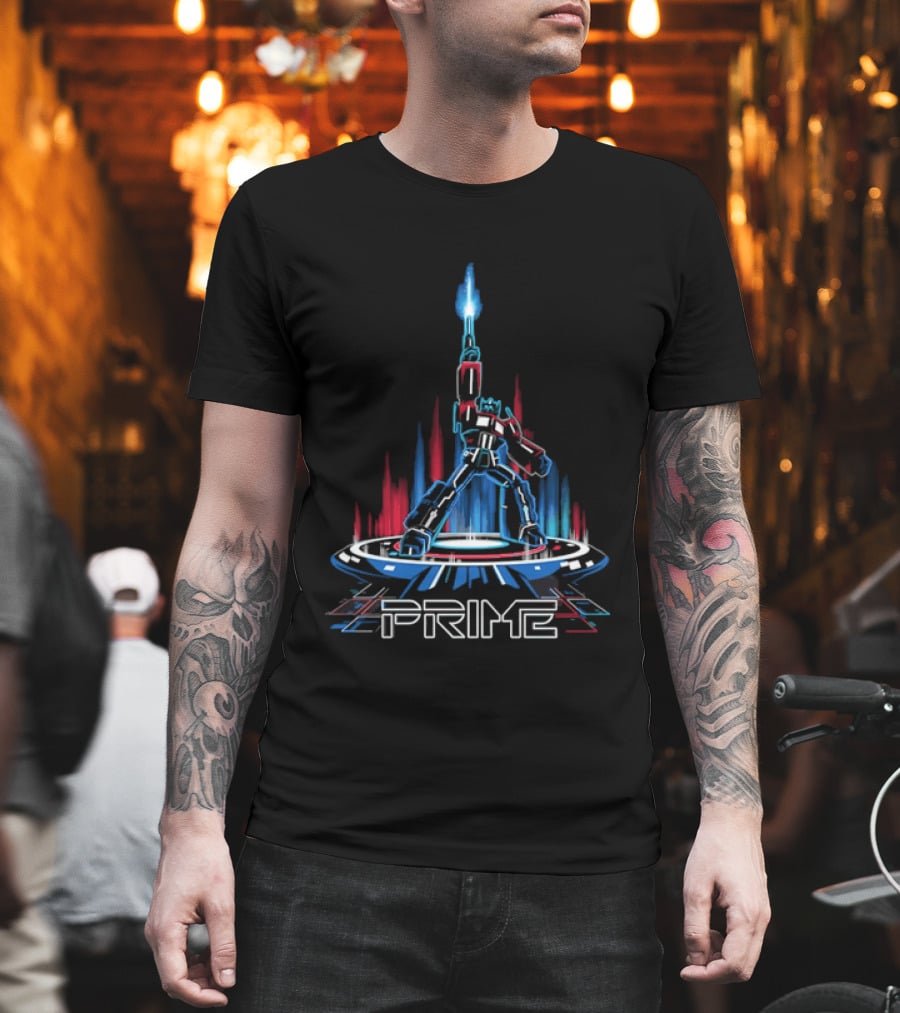 Prime Neon Robot Raising Glowing Light Beam Circular Platform T-Shirt