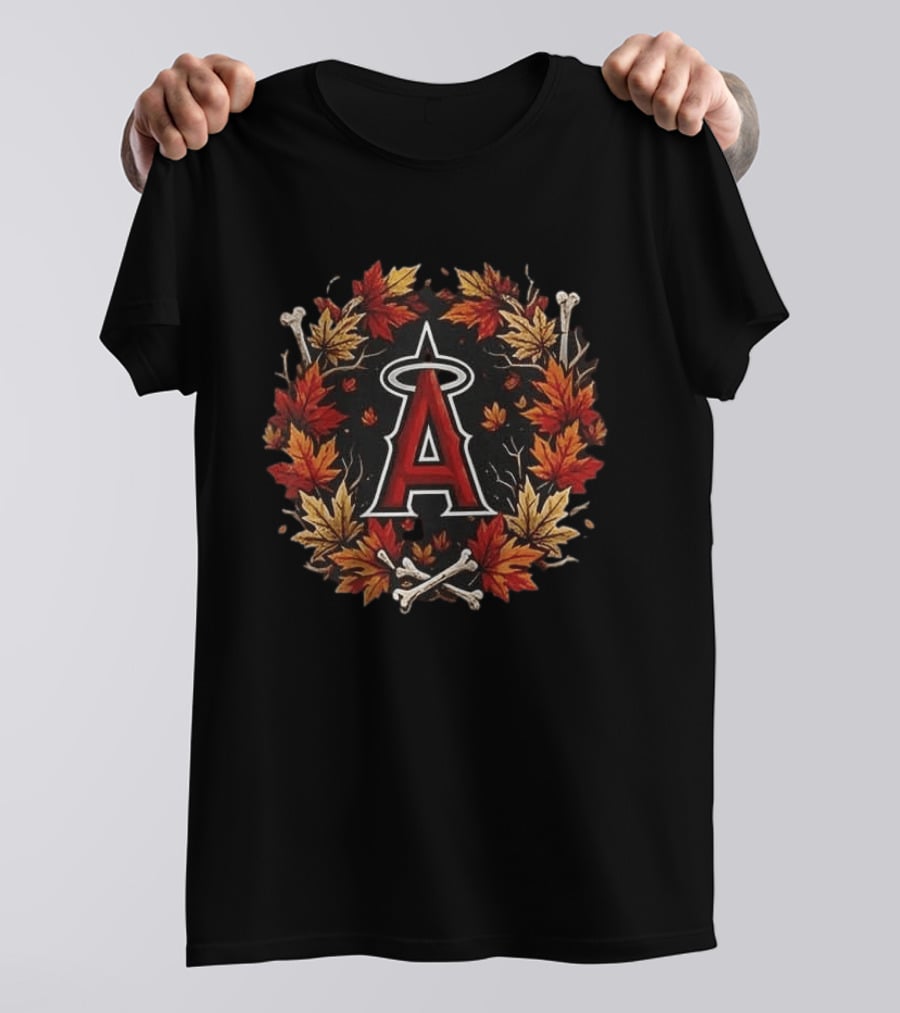 Los Angeles Angels Maple Leaves Skull Crossed Bats Baseballs Halloween T-Shirt