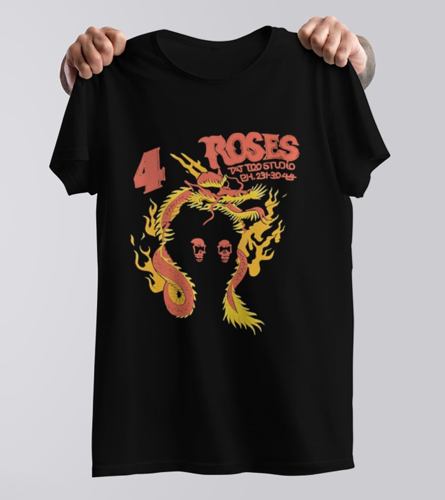 4 Roses Tattoo Studio Ph 231 3044 Dragon Yellow Flames Red Skulls T-Shirt