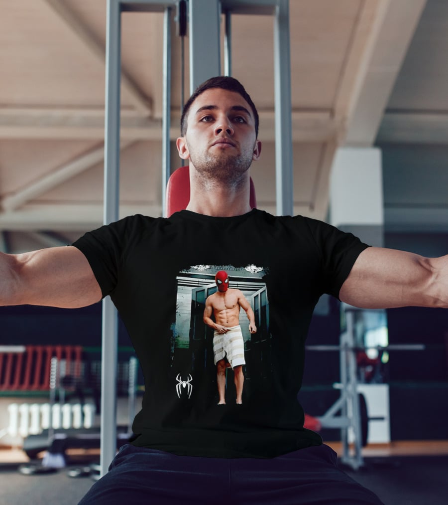 Spider Man Masked Figure In Towel Scene With Iconic White Spider T-Shirt