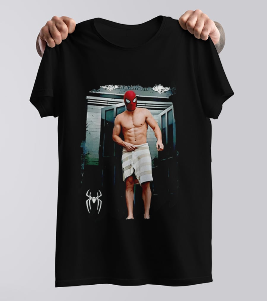 Spider Man Masked Figure In Towel Scene With Iconic White Spider T-Shirt