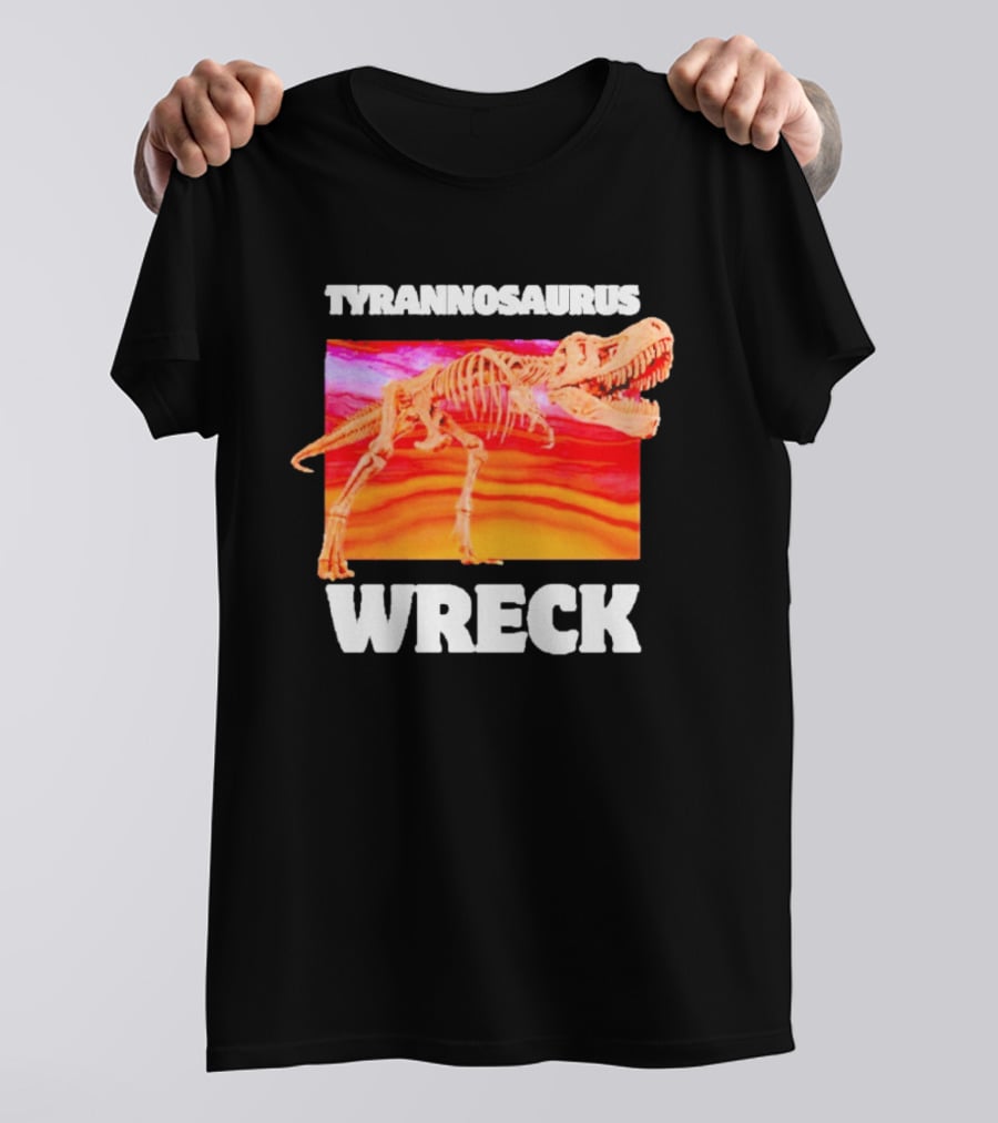 Tyrannosaurus Wreck Dinosaur Pun With Rex Skeleton On Sunset T-Shirt