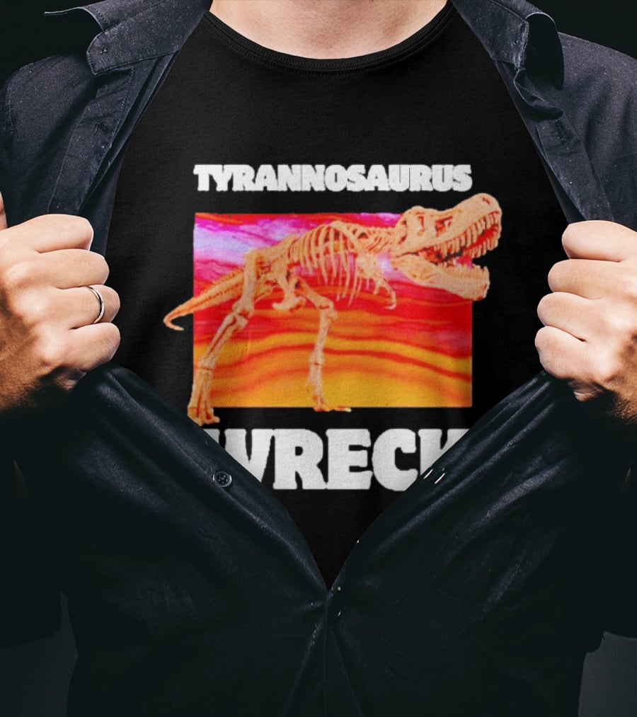 Tyrannosaurus Wreck Dinosaur Pun With Rex Skeleton On Sunset T-Shirt