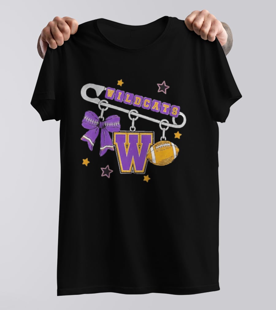 Wildcats Safety Pin Bow W Football Charm Distressed T-Shirt
